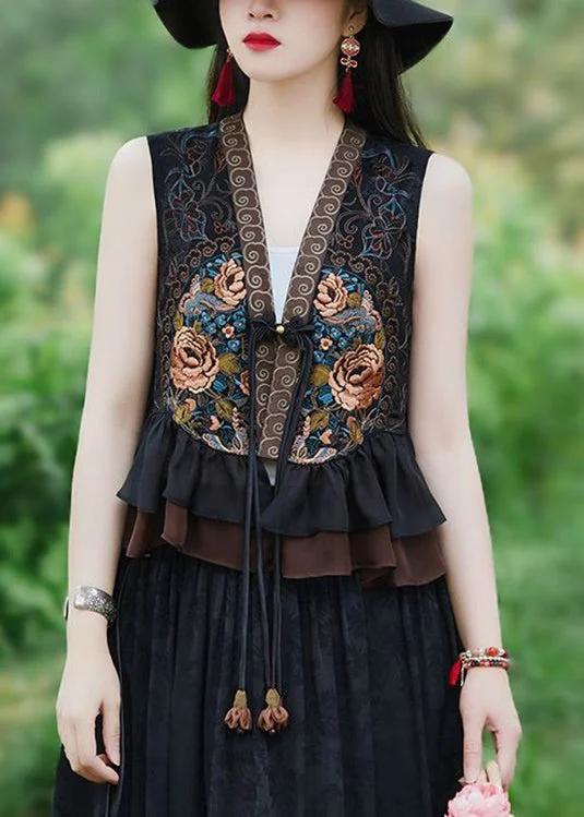 Women Black Ruffled Tasseled Patchwork Silk Waistcoat Sleeveless