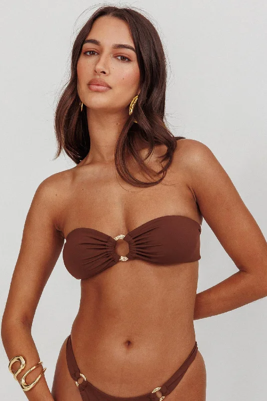 Swimdress - style bikini sets on discount with a tiered skirt and a bandeau top for a more feminine lookAgape Bandeau O-Ring Bikini Top Choc Swimdress - style bikini sets on discount with a tiered skirt and a bandeau top for a more feminine lookAgape Bandeau O-Ring Bikini Top Choc