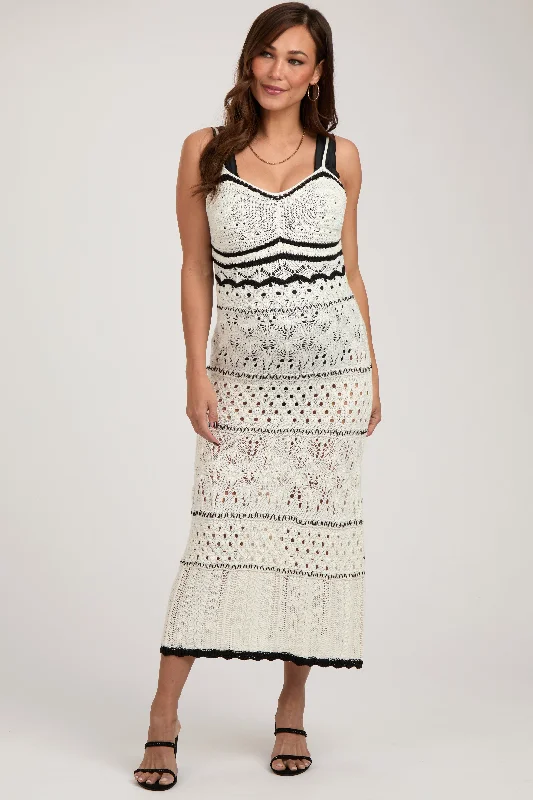 Plus size one - piece swimsuits clearance with tummy control featuresCream Contrast Trim Crochet Maternity Maxi Swim Cover Up