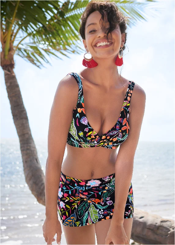 Printed bikini bottoms in floral patterns at a promotional price for a beachy vibeLovely Lift Wrap Bikini Top - Midnight Elegance Printed bikini bottoms in floral patterns at a promotional price for a beachy vibeLovely Lift Wrap Bikini Top - Midnight Elegance
