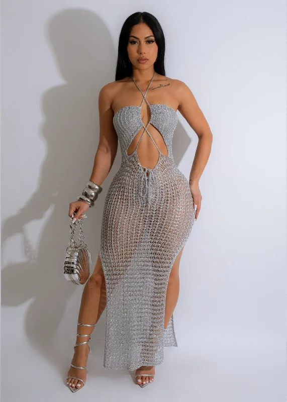 Bikini bottoms with a ruched back on discount for a more flattering fitAbsolutely Crochet Metallic Maxi Dress Silver