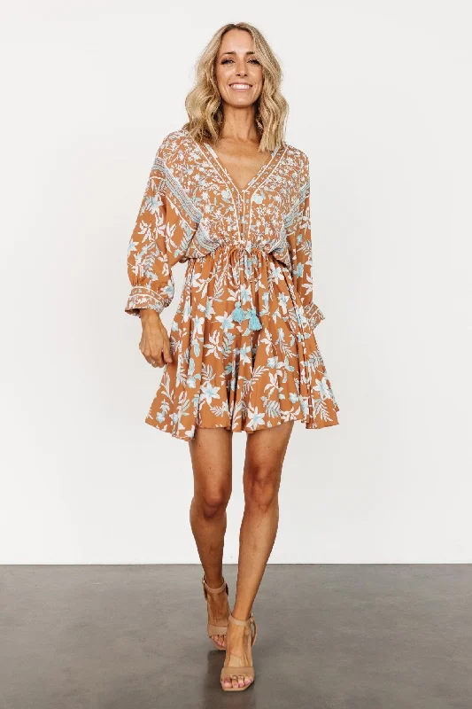 Tropical leaf print bikini sets on promotion for a summer - ready beach lookAdria Mini Dress | Camel + Blue Tropical leaf print bikini sets on promotion for a summer - ready beach lookAdria Mini Dress | Camel + Blue