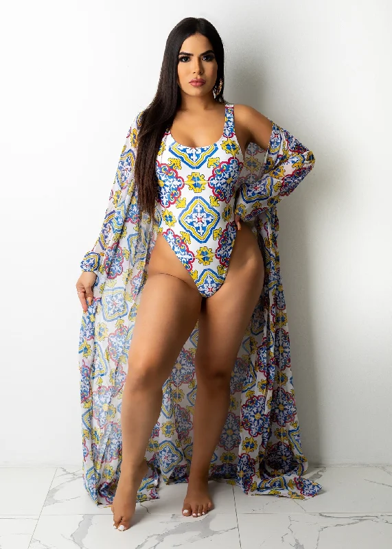 Monokini - style swimsuits on discount with a unique cut and a high - neck for a sophisticated lookSpanish Tile Cover Up White Monokini - style swimsuits on discount with a unique cut and a high - neck for a sophisticated lookSpanish Tile Cover Up White