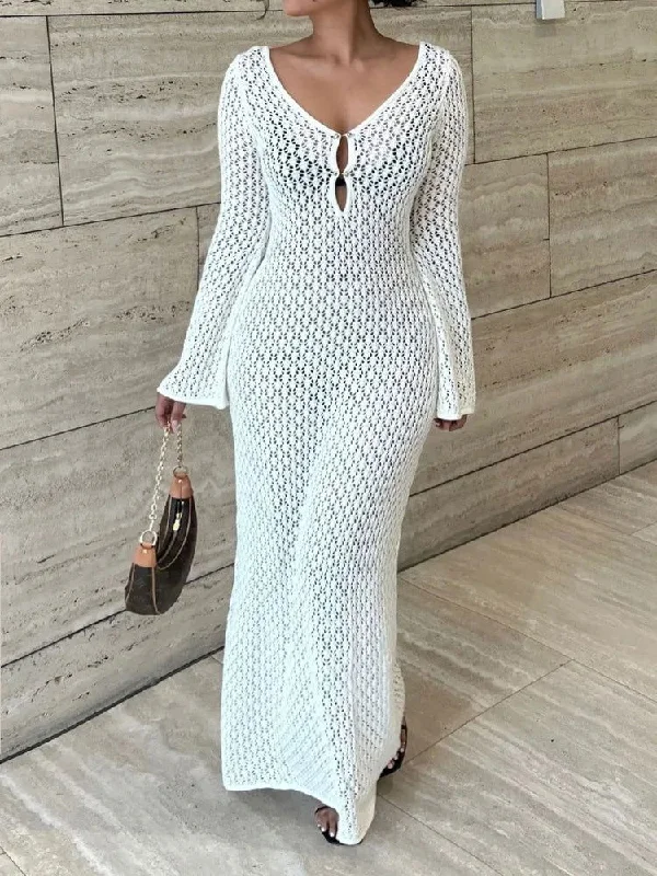 One - piece swimsuits on sale with a cut - out side for a modern lookWhite Knit See-Through Beach Cover-Up Dress – Backless Maxi One - piece swimsuits on sale with a cut - out side for a modern lookWhite Knit See-Through Beach Cover-Up Dress – Backless Maxi