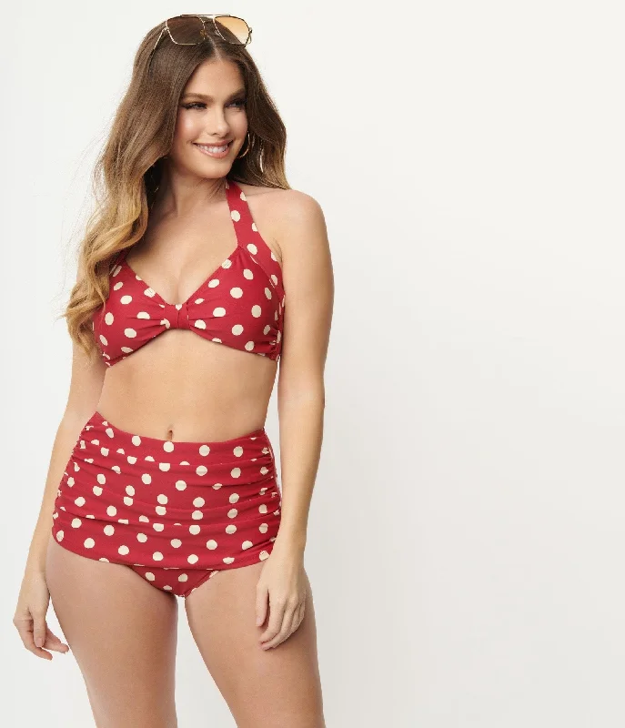 Adjustable side - tie one - piece swimsuits on sale for a perfect fitEsther Williams 1950s Retro Red & Ivory Dot High Waist Swim Bottoms Adjustable side - tie one - piece swimsuits on sale for a perfect fitEsther Williams 1950s Retro Red & Ivory Dot High Waist Swim Bottoms