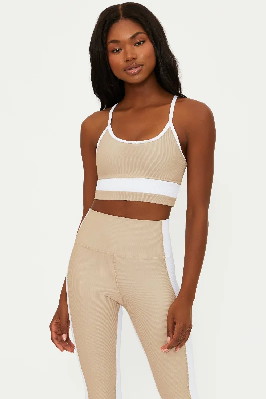 Halter neck bikini tops with a knot detail at the back on saleEva Top Tan White Colorblock Halter neck bikini tops with a knot detail at the back on saleEva Top Tan White Colorblock