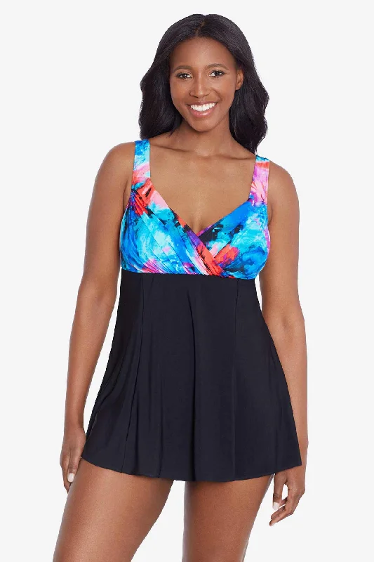 Bikini sets with a drawstring waist on promotion for a customizable fitCrossover Draped Long Torso Swim Dress Paint Trip Bikini sets with a drawstring waist on promotion for a customizable fitCrossover Draped Long Torso Swim Dress Paint Trip