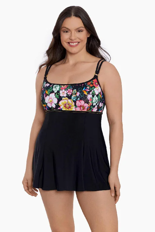 Sheer - paneled one - piece swimsuits on promotion for a touch of allureEmpire Princess Seam Long Torso Swim Dress W/ Hardware True Romance Sheer - paneled one - piece swimsuits on promotion for a touch of allureEmpire Princess Seam Long Torso Swim Dress W/ Hardware True Romance