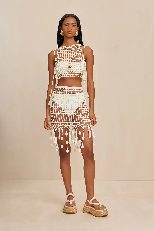 Tassel - adorned bikini tops on sale for a more bohemian styleMOKI CROCHET COVERUP - OFF WHITE Tassel - adorned bikini tops on sale for a more bohemian styleMOKI CROCHET COVERUP - OFF WHITE