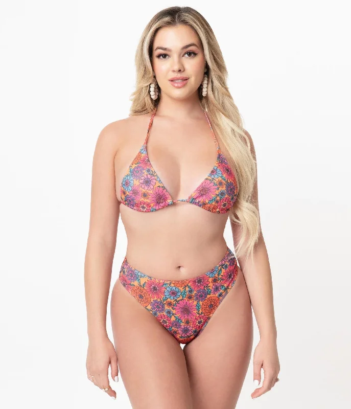 Ruffled one - piece swimsuits on special offer for a flirty and fun beach appearance1970s Orange & Floral High Leg Swim Bottoms Ruffled one - piece swimsuits on special offer for a flirty and fun beach appearance1970s Orange & Floral High Leg Swim Bottoms