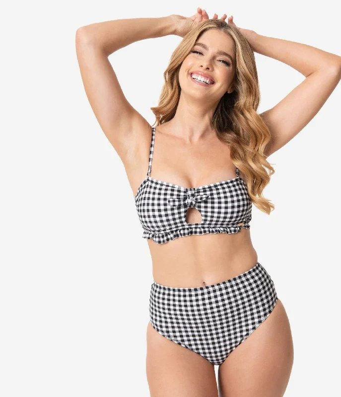 Printed bikini sets with a retro pattern on promotion for a nostalgic beach stylePin-Up Style Black & White Gingham Swim Bottom Printed bikini sets with a retro pattern on promotion for a nostalgic beach stylePin-Up Style Black & White Gingham Swim Bottom