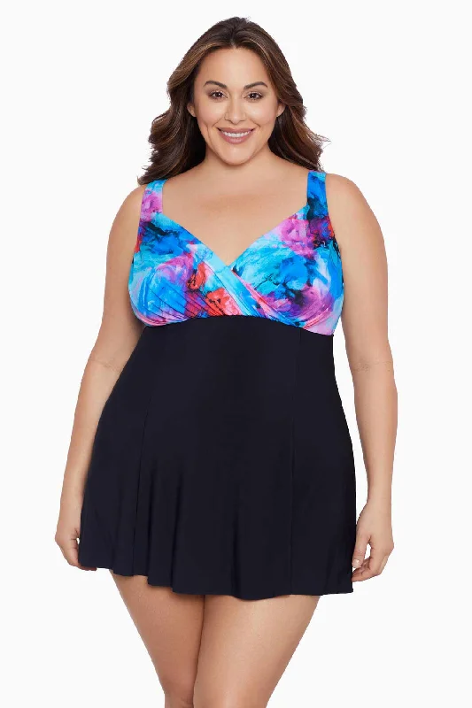 Tie - dye printed bikini tops on sale in a ombre effect for a trendy lookPlus Size Crossover Draped Long Torso Swim Dress Paint Trip Tie - dye printed bikini tops on sale in a ombre effect for a trendy lookPlus Size Crossover Draped Long Torso Swim Dress Paint Trip