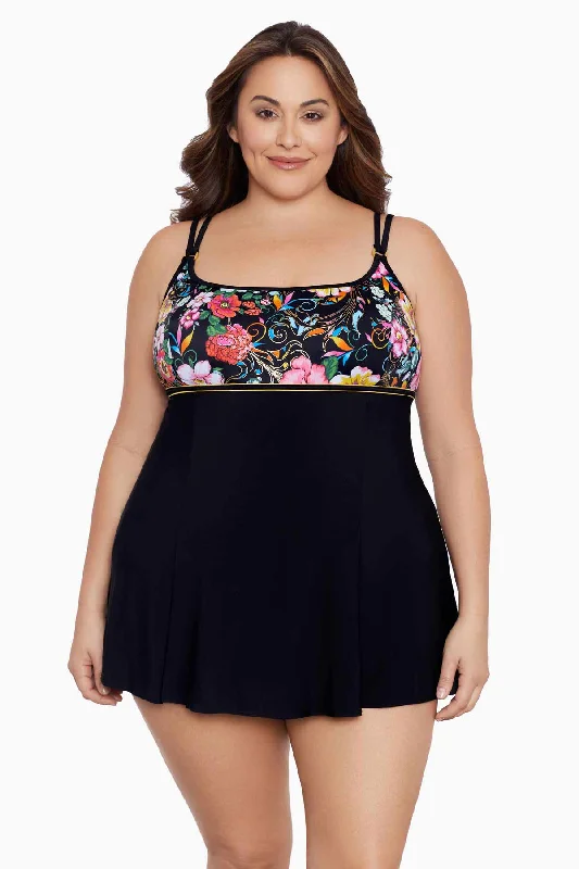Sports - inspired swimsuits on discount with a zip - up front for easy wearPlus Size Empire Princess Seam Long Torso Swim Dress W/ Hardware True Romance Sports - inspired swimsuits on discount with a zip - up front for easy wearPlus Size Empire Princess Seam Long Torso Swim Dress W/ Hardware True Romance