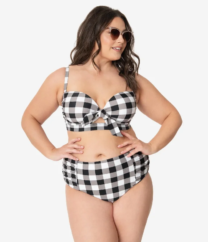 Seersucker - textured swimsuits on sale for a classic and preppy beach lookPlus Size Retro Style Black & White Gingham Swim Bottom Seersucker - textured swimsuits on sale for a classic and preppy beach lookPlus Size Retro Style Black & White Gingham Swim Bottom