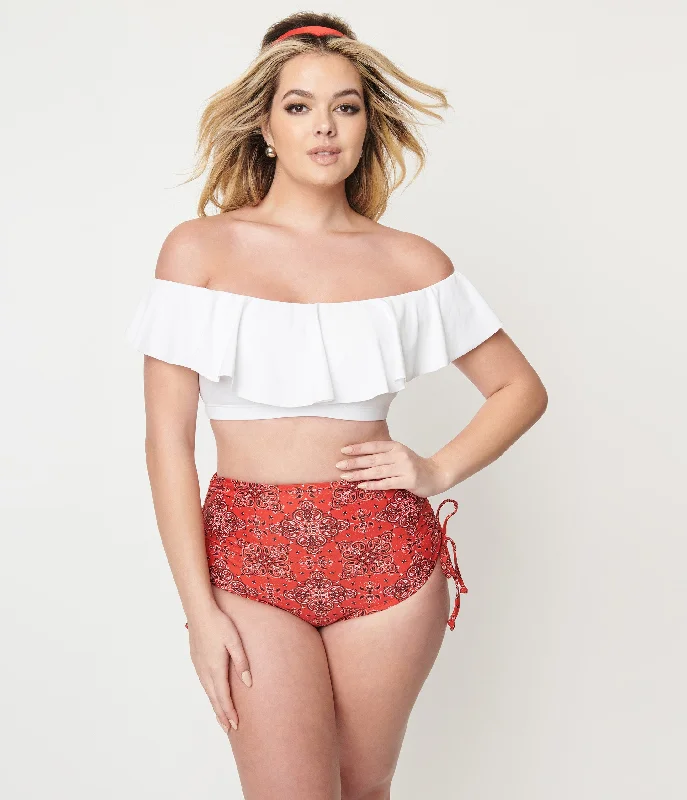 Bandeau one - piece swimsuits on sale with a ruffled trim for a feminine touchUnique Vintage 1950s White Ruffled Ramona Swim Top Bandeau one - piece swimsuits on sale with a ruffled trim for a feminine touchUnique Vintage 1950s White Ruffled Ramona Swim Top