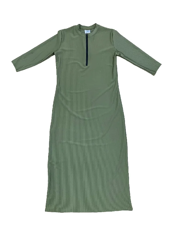 Lace - trimmed one - piece swimsuits on sale in a pastel color for a feminine and elegant beach styleGreen Half Zip Ribbed Maxi Swim Dress Lace - trimmed one - piece swimsuits on sale in a pastel color for a feminine and elegant beach styleGreen Half Zip Ribbed Maxi Swim Dress