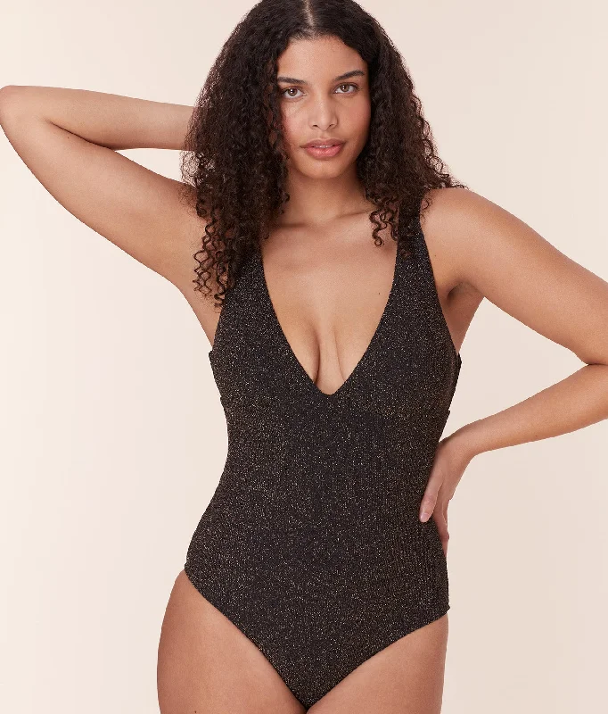 High - neck one - piece swimsuits on sale with a long - sleeve design for more coverageThe Augustine One Piece - Lurex Rib - Black - Long Torso High - neck one - piece swimsuits on sale with a long - sleeve design for more coverageThe Augustine One Piece - Lurex Rib - Black - Long Torso