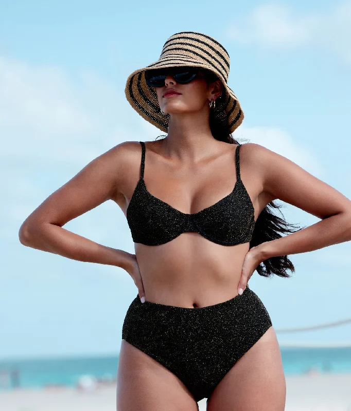 Bikini sets on sale with a mesh - covered front and back for breathability and a trendy appearanceThe Bermuda Bikini Top - Lurex Rib - Black Bikini sets on sale with a mesh - covered front and back for breathability and a trendy appearanceThe Bermuda Bikini Top - Lurex Rib - Black