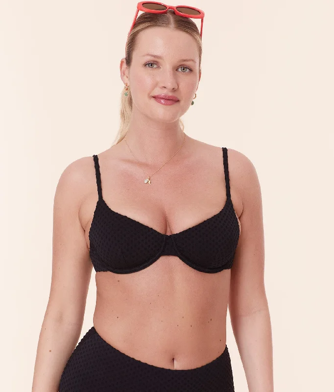 Retro style high waisted bikinis on discount in polka dot printsThe Bermuda Top - Terry Dot - Black Retro style high waisted bikinis on discount in polka dot printsThe Bermuda Top - Terry Dot - Black