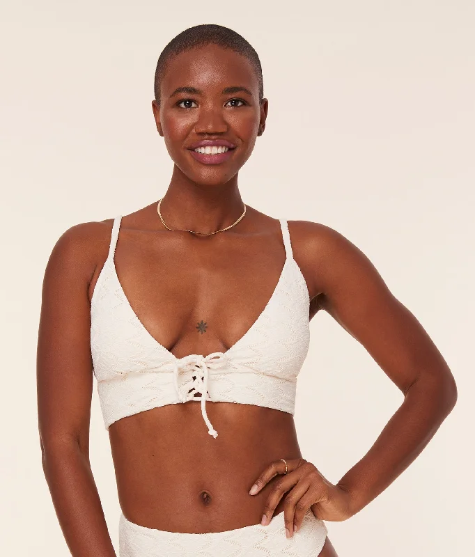High waisted cheeky bikini sets on special offer with a cut - out back and a bow detail for a flattering silhouetteThe Cabarete Bikini Top - Scallop Crochet - Gardenia High waisted cheeky bikini sets on special offer with a cut - out back and a bow detail for a flattering silhouetteThe Cabarete Bikini Top - Scallop Crochet - Gardenia