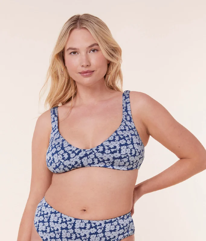 Printed bikini sets on promotion with a geometric - art pattern for a contemporary beach styleThe Delray - Top - Indigo Floral - Denim Printed bikini sets on promotion with a geometric - art pattern for a contemporary beach styleThe Delray - Top - Indigo Floral - Denim