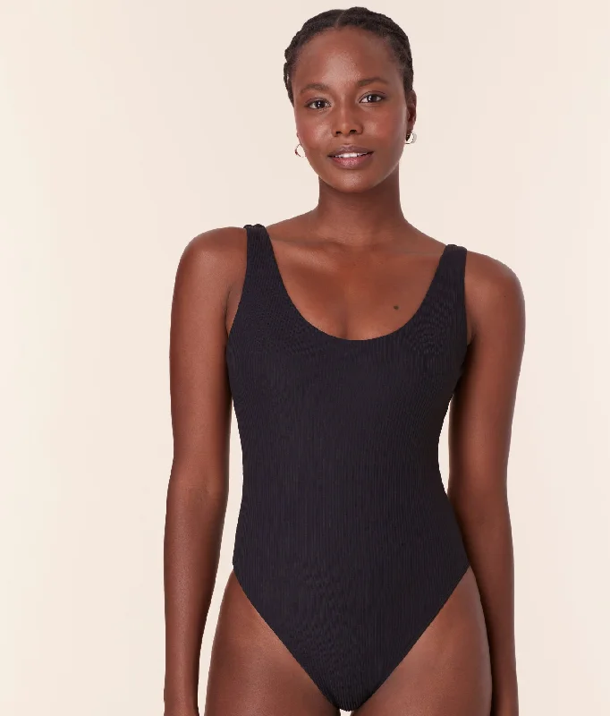 Printed bikini sets on sale with a nautical - stripe pattern for a classic beach styleThe Ibiza One Piece - Eco Ribbed - Black - Long Torso