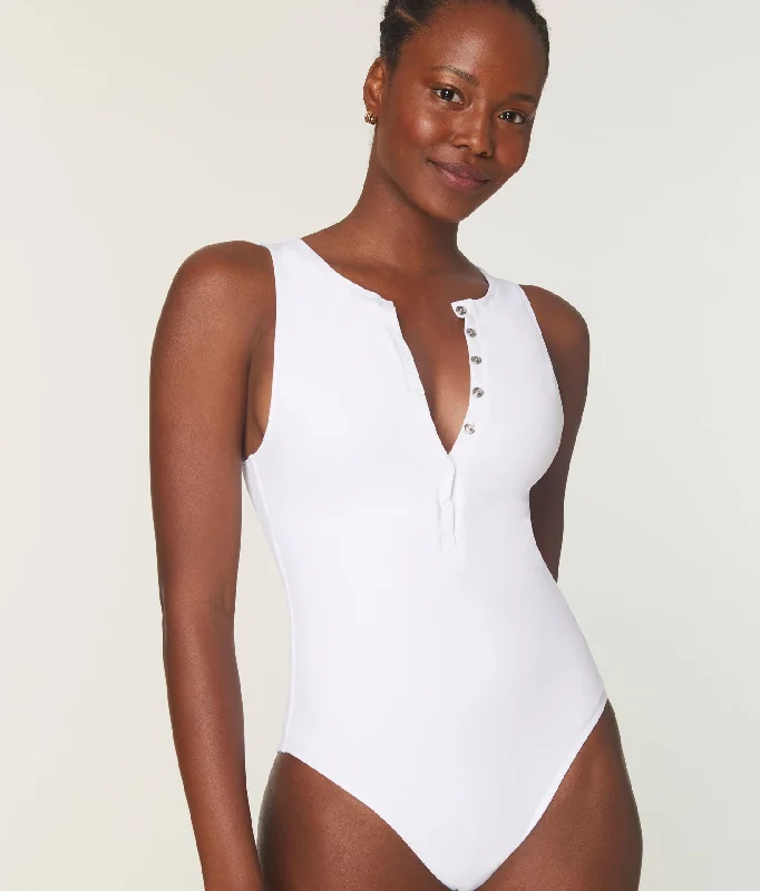 Bikini sets with a mesh - lined top on sale for breathability and a trendy appearanceThe Malibu One Piece - Eco Nylon - White - Long Torso Bikini sets with a mesh - lined top on sale for breathability and a trendy appearanceThe Malibu One Piece - Eco Nylon - White - Long Torso