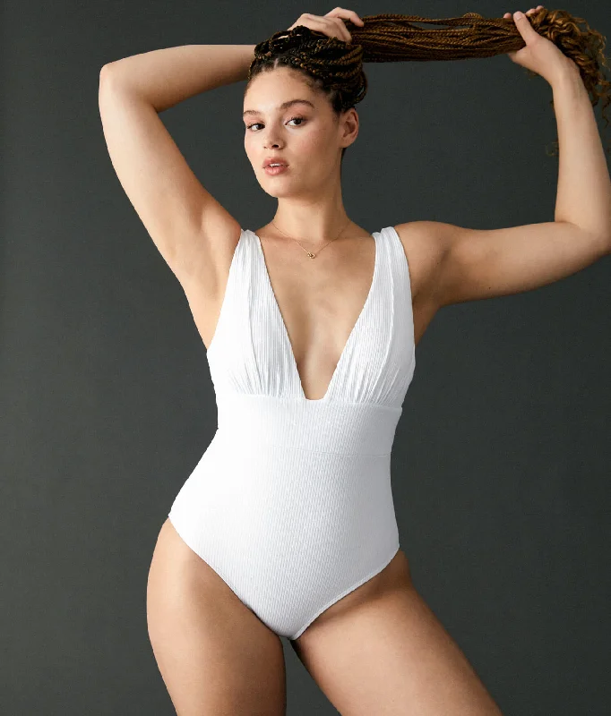 Sports - inspired swimsuits on discount with a zip - up front for easy wearThe Mykonos One Piece - Ribbed - White - Long Torso Sports - inspired swimsuits on discount with a zip - up front for easy wearThe Mykonos One Piece - Ribbed - White - Long Torso