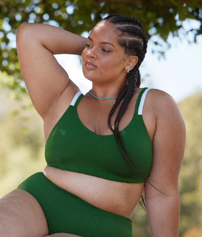 Triangle bikini tops on sale with a cut - out front and a tie - back for a modern and sexy lookThe Rockley Top - Eco Nylon - Pesto Triangle bikini tops on sale with a cut - out front and a tie - back for a modern and sexy lookThe Rockley Top - Eco Nylon - Pesto
