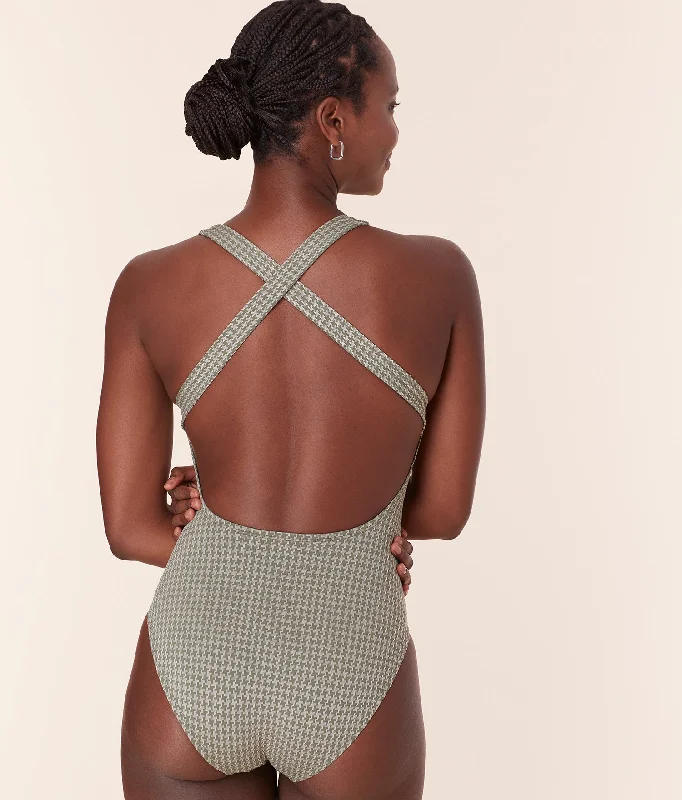 Tassel - trimmed bikini sets on sale for a bohemian - inspired beach styleThe Tulum One Piece - Houndstooth - Seagrass - Classic Tassel - trimmed bikini sets on sale for a bohemian - inspired beach styleThe Tulum One Piece - Houndstooth - Seagrass - Classic