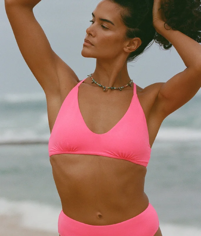 Ruffled bikini bottoms on sale with a large bow detail for a more feminine and playful lookThe Valencia Top - Eco Nylon - Neon Grapefruit Ruffled bikini bottoms on sale with a large bow detail for a more feminine and playful lookThe Valencia Top - Eco Nylon - Neon Grapefruit
