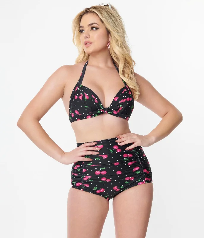 Bikini sets on sale with a drawstring top and bottoms for a customizable fitUnique Vintage 1950s Black & Hot Pink Cherry Pin Dot Monroe Swim Bottom Bikini sets on sale with a drawstring top and bottoms for a customizable fitUnique Vintage 1950s Black & Hot Pink Cherry Pin Dot Monroe Swim Bottom