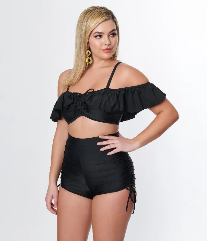 Bikini sets on sale with a mesh - covered front and back for breathability and a trendy appearanceUnique Vintage Black Pull Tie Swim Shorts Bikini sets on sale with a mesh - covered front and back for breathability and a trendy appearanceUnique Vintage Black Pull Tie Swim Shorts