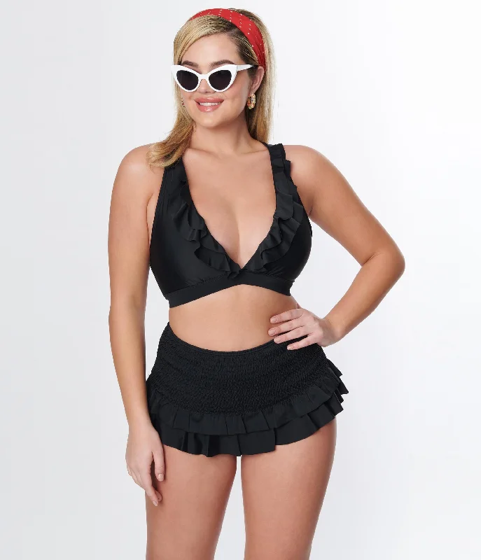 Boyleg bikini bottoms on sale with a stretchy fabric for comfortUnique Vintage Black Ruffle Halter Swim Top Boyleg bikini bottoms on sale with a stretchy fabric for comfortUnique Vintage Black Ruffle Halter Swim Top