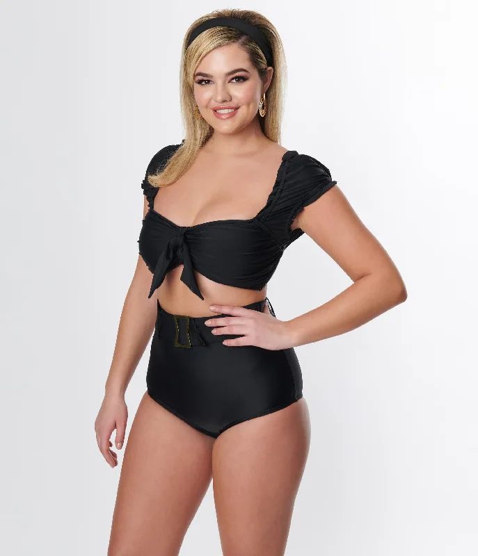 Bikini sets with fringe details on promotion for a fun and playful beach styleUnique Vintage Black Shirred Bow Bandeau Swim Top Bikini sets with fringe details on promotion for a fun and playful beach styleUnique Vintage Black Shirred Bow Bandeau Swim Top