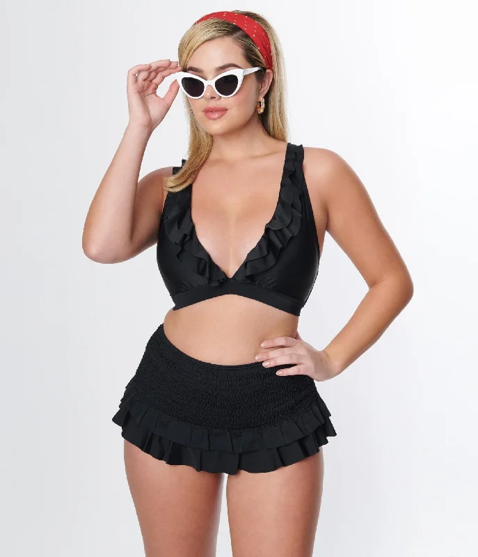 High - neck one - piece swimsuits on sale with a long - sleeve design for more coverageUnique Vintage Black Smocked Ruffle Swim Bottom High - neck one - piece swimsuits on sale with a long - sleeve design for more coverageUnique Vintage Black Smocked Ruffle Swim Bottom