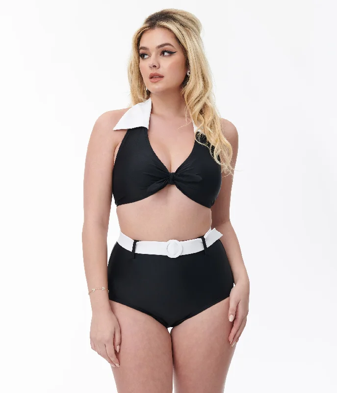 Tassel - trimmed bikini bottoms clearance for a bohemian - inspired beach styleUnique Vintage Black & White Belted Swim Bottoms Tassel - trimmed bikini bottoms clearance for a bohemian - inspired beach styleUnique Vintage Black & White Belted Swim Bottoms