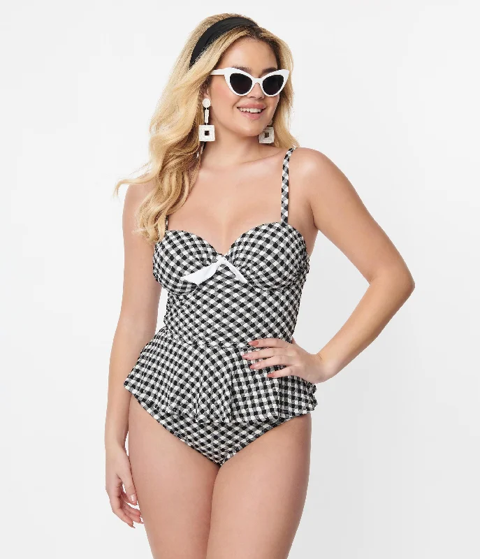 Cut - out one - piece swimsuits on discount with a keyhole detail for a modern and stylish lookUnique Vintage Black & White Gingham Daphne Swim Bottoms Cut - out one - piece swimsuits on discount with a keyhole detail for a modern and stylish lookUnique Vintage Black & White Gingham Daphne Swim Bottoms