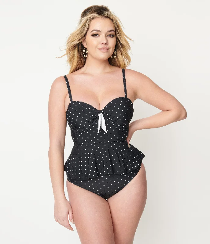 Low - rise bikini sets on sale with a cheeky bottom and a triangle top for a more revealing styleUnique Vintage Black & White Pin Dot Peplum Solana Tankini Swim Top Low - rise bikini sets on sale with a cheeky bottom and a triangle top for a more revealing styleUnique Vintage Black & White Pin Dot Peplum Solana Tankini Swim Top
