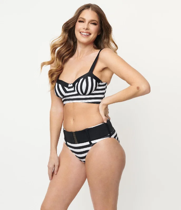 Animal print bikini sets on sale in leopard or zebra patterns with a metallic - trim for a wild and glamorous beach styleUnique Vintage Black & White Stripe Marlene Crop Swim Top Animal print bikini sets on sale in leopard or zebra patterns with a metallic - trim for a wild and glamorous beach styleUnique Vintage Black & White Stripe Marlene Crop Swim Top