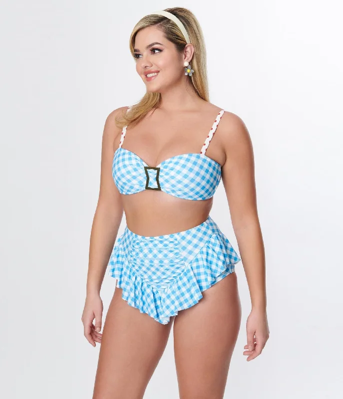 Sheer - paneled bikini sets on promotion for a touch of allure and a trendy lookUnique Vintage Blue Gingham Ruffle High Waist Swim Bottom Sheer - paneled bikini sets on promotion for a touch of allure and a trendy lookUnique Vintage Blue Gingham Ruffle High Waist Swim Bottom