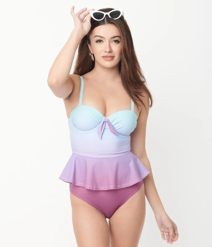 Bra - style bikini tops with underwire and adjustable straps on saleUnique Vintage Blue & Purple Ombre Peplum Solana Tankini Swim Top Bra - style bikini tops with underwire and adjustable straps on saleUnique Vintage Blue & Purple Ombre Peplum Solana Tankini Swim Top