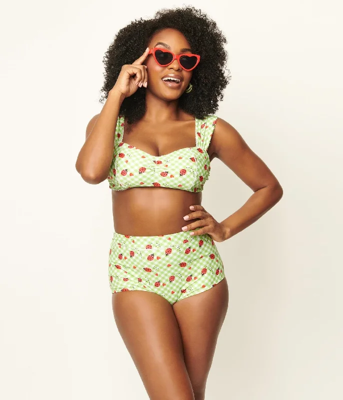 String bikini tops discounted for a customizable and sexy fitUnique Vintage Green Gingham & Ladybug Print Ruched & Ready Swim Top String bikini tops discounted for a customizable and sexy fitUnique Vintage Green Gingham & Ladybug Print Ruched & Ready Swim Top