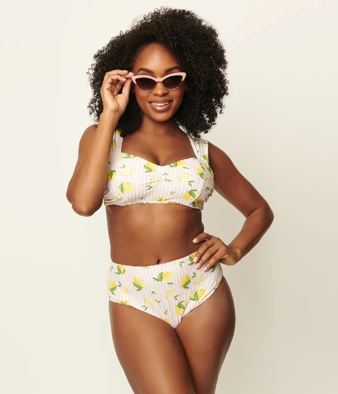 Halter neck bikini sets on sale with a knot detail at the back, a high - waisted bottom, and a ruffled trim for a stylish and feminine beach lookUnique Vintage Light Pink Stripes & Lemons Ruched & Ready Swim Top Halter neck bikini sets on sale with a knot detail at the back, a high - waisted bottom, and a ruffled trim for a stylish and feminine beach lookUnique Vintage Light Pink Stripes & Lemons Ruched & Ready Swim Top