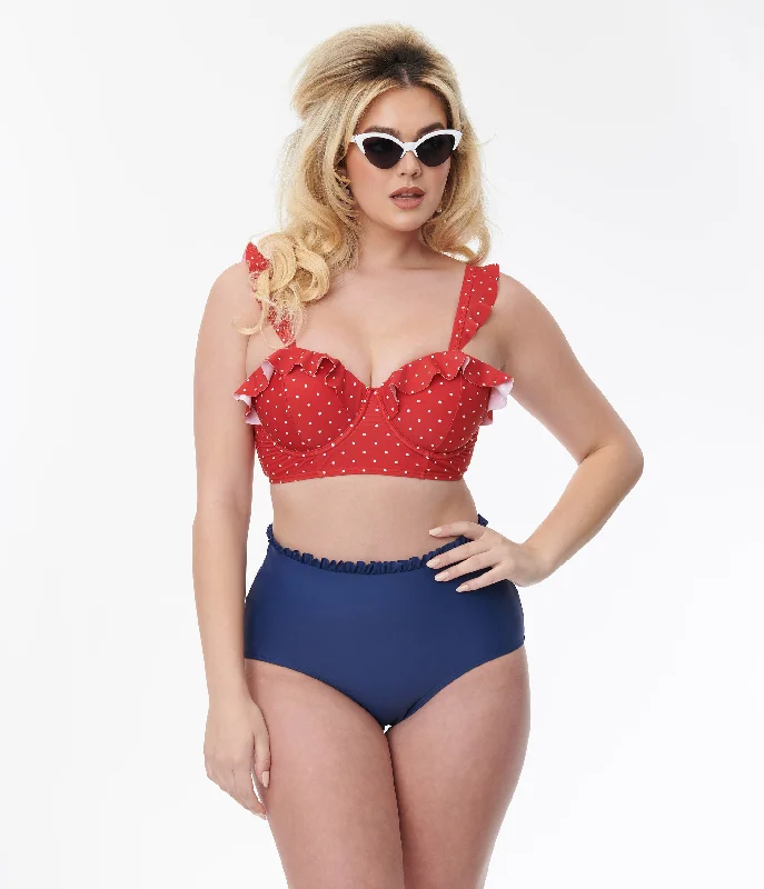 Halter neck bikini sets on sale with a knot detail at the back, a high - waisted bottom, and a ruffled trim for a stylish and feminine beach lookUnique Vintage Navy Cape May Swim Bottoms Halter neck bikini sets on sale with a knot detail at the back, a high - waisted bottom, and a ruffled trim for a stylish and feminine beach lookUnique Vintage Navy Cape May Swim Bottoms