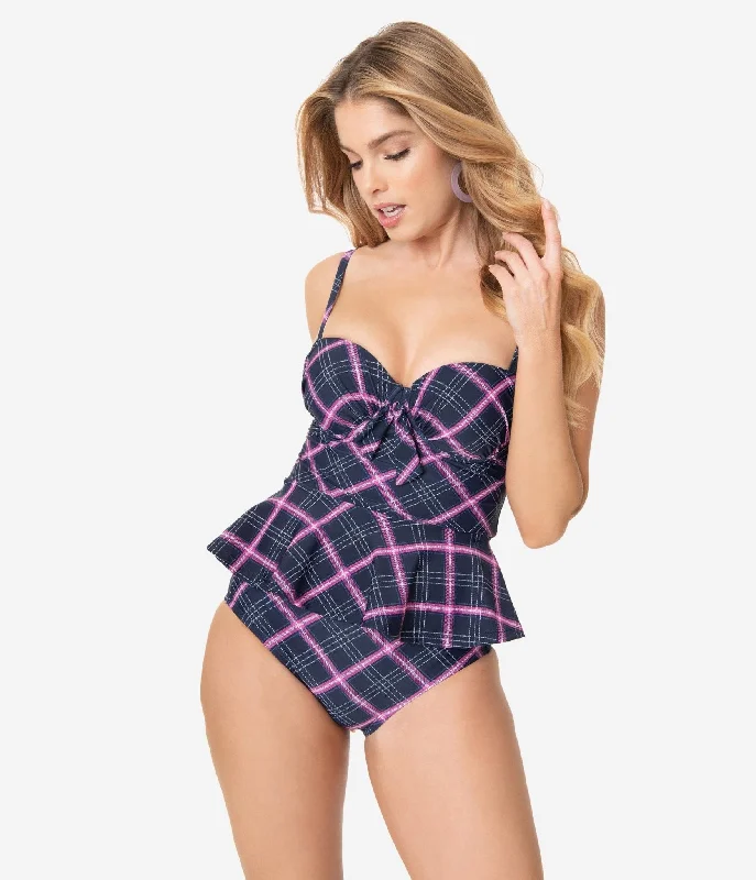 Printed bikini sets with a floral - watercolor pattern on sale for a romantic beach styleUnique Vintage Navy & Pink Plaid Daphne Swim Bottoms Printed bikini sets with a floral - watercolor pattern on sale for a romantic beach styleUnique Vintage Navy & Pink Plaid Daphne Swim Bottoms