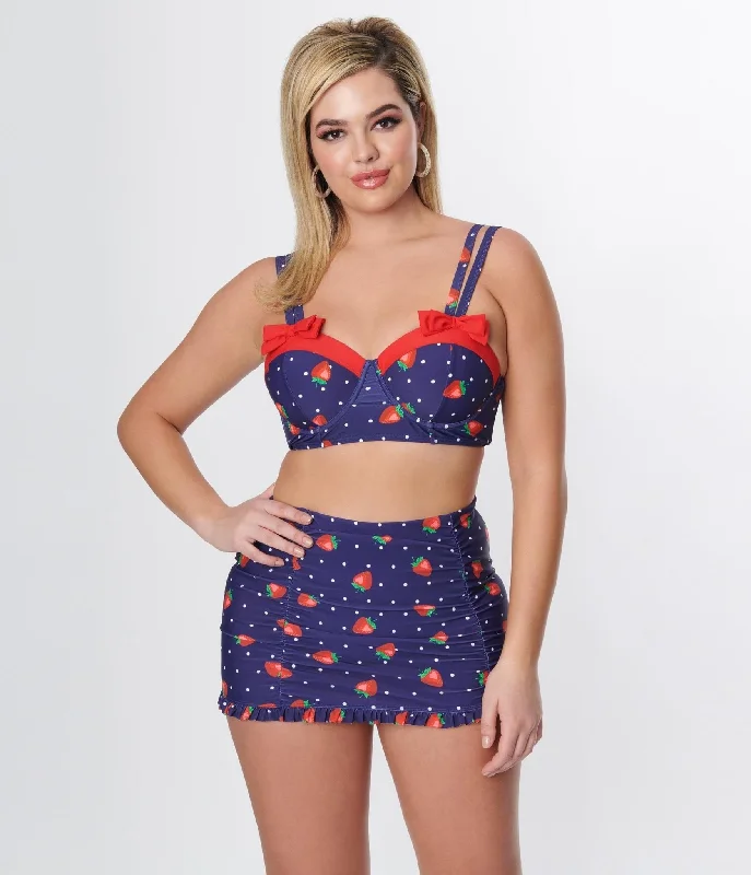 One - piece swimsuits on sale with a cut - out side for a modern lookUnique Vintage Navy Strawberry Pin Dot Bowed Over Swim Top One - piece swimsuits on sale with a cut - out side for a modern lookUnique Vintage Navy Strawberry Pin Dot Bowed Over Swim Top