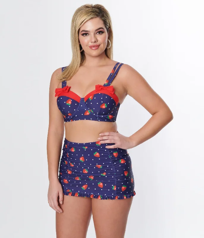 Printed bikini sets on promotion with a retro - polka dot pattern for a nostalgic beach styleUnique Vintage Navy Strawberry Pin Dot Ruffled Swim Skirt