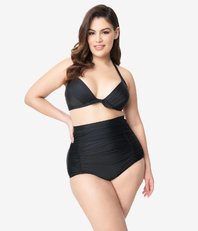 Embroidered one - piece swimsuits on sale in a detailed floral design for a luxurious beach optionUnique Vintage Plus Size All Black Monroe Bikini Top