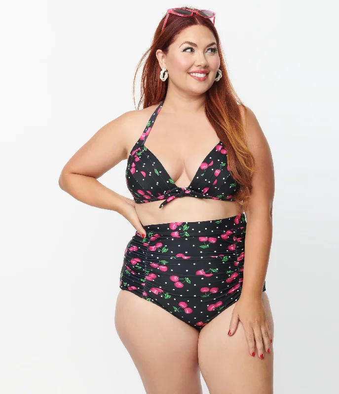 Tropical leaf print bikini sets on promotion for a summer - ready beach lookUnique Vintage Plus Size Black & Hot Pink Cherry Pin Dot Monroe Swim Top Tropical leaf print bikini sets on promotion for a summer - ready beach lookUnique Vintage Plus Size Black & Hot Pink Cherry Pin Dot Monroe Swim Top